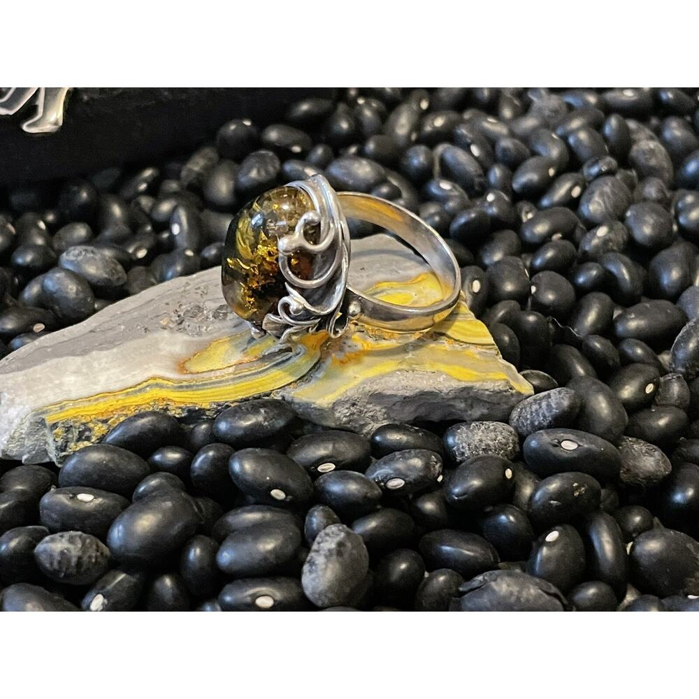 Sterling Silver Baltic Sea Honey Amber Ring~Scroll Accented Size 11 - Picture 7 of 9